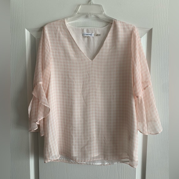 Calvin Klein Tops - Calvin Klein ruffle bell sleeve pink & white gingham blouse size small
